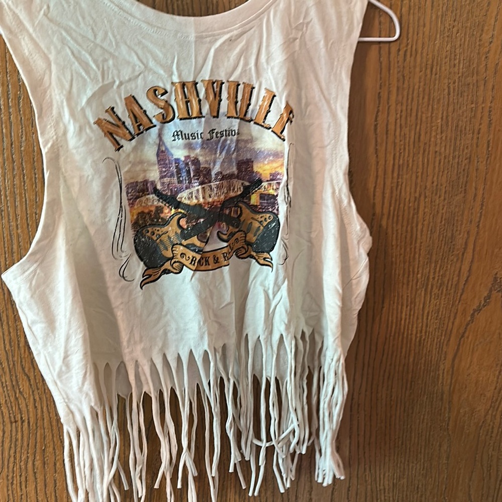 White Fringe Tank Top with Nashville Graphic